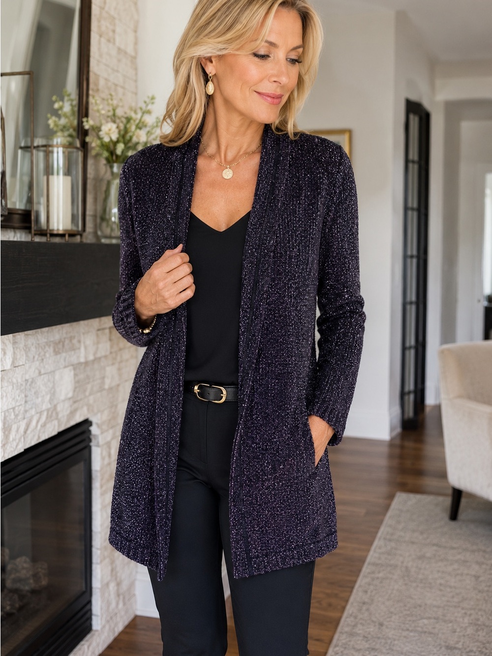 St. John 2019 Resort Purple Metallic Novelty Knit Open Cardigan Jacket